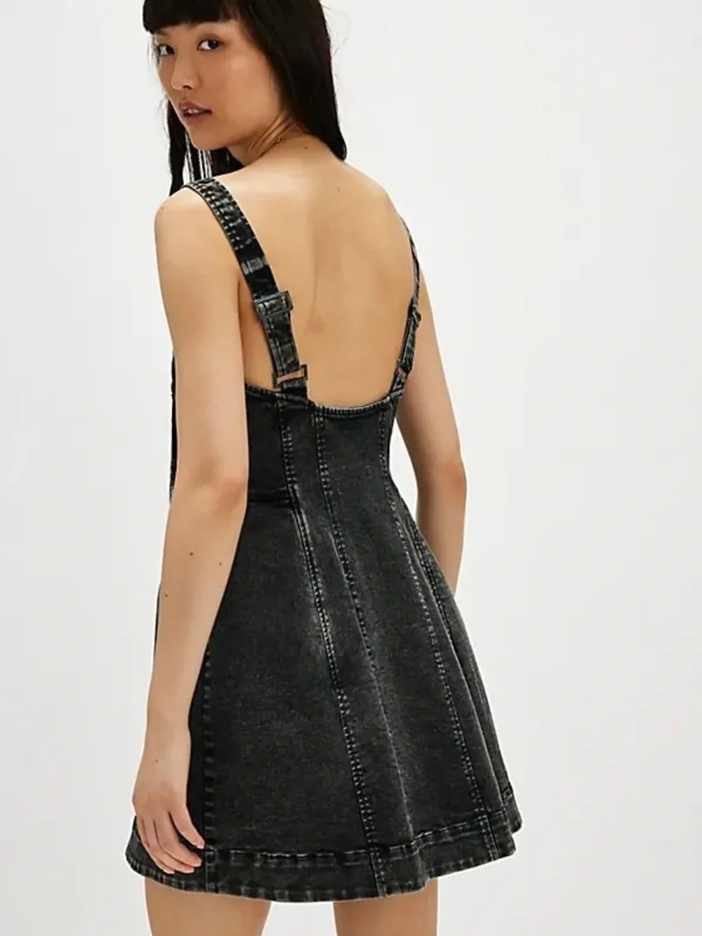 Free People Gimme More Denim Button-Front Mini Dress in Gray Skies Black NWT LG
